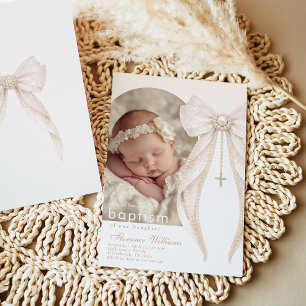 Pearls Bow Ivory elegant Arch Photo Baptism Invitation