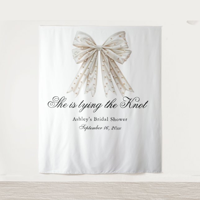 Pearls Bow She's Tying the Knot Bridal Shower Tapestry (Front)