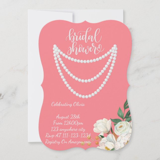 pearls bridal shower invitation in pink (Front)
