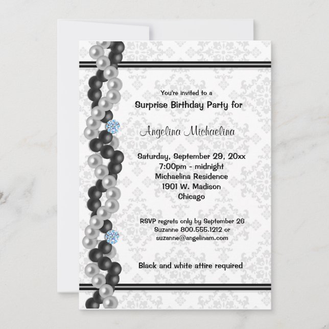 Pearls, Diamonds And Damask Surprise Party Inivte Invitation (Front)