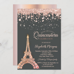 Pearls Eiffel Tower,Drips Dots Quinceañera  Invitation