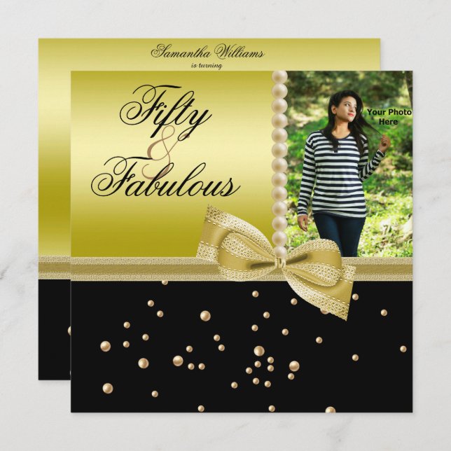 Pearls & Faux Bow Fabulous 50 Photo Women's Invitation (Front/Back)