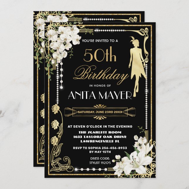 Pearls Floral Art Deco Gatsby Birthday ANY AGE Invitation (Front/Back)