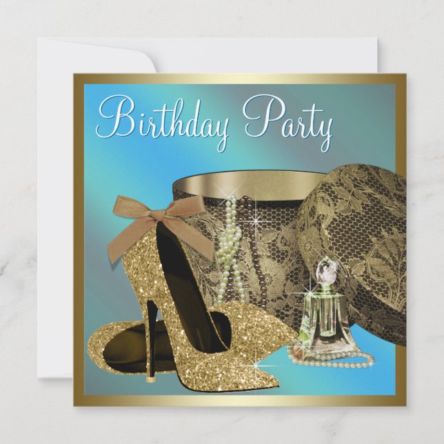 Pearls High Heel Shoes Teal Blue Womans Birthday Invitation (Front)