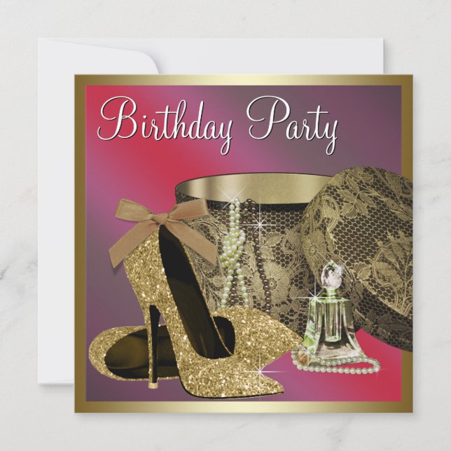 Pearls High Heel Shoes Womans Red Birthday Invitation (Front)