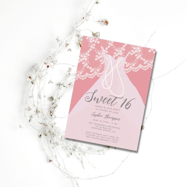 Pearls Lace Pink Princess Dress Sweet 16 Party Invitation (Creator Uploaded)