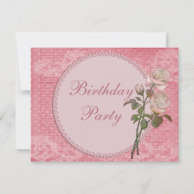 Pearls & Lace Shabby Chic Roses Birthday Invitation (Front)