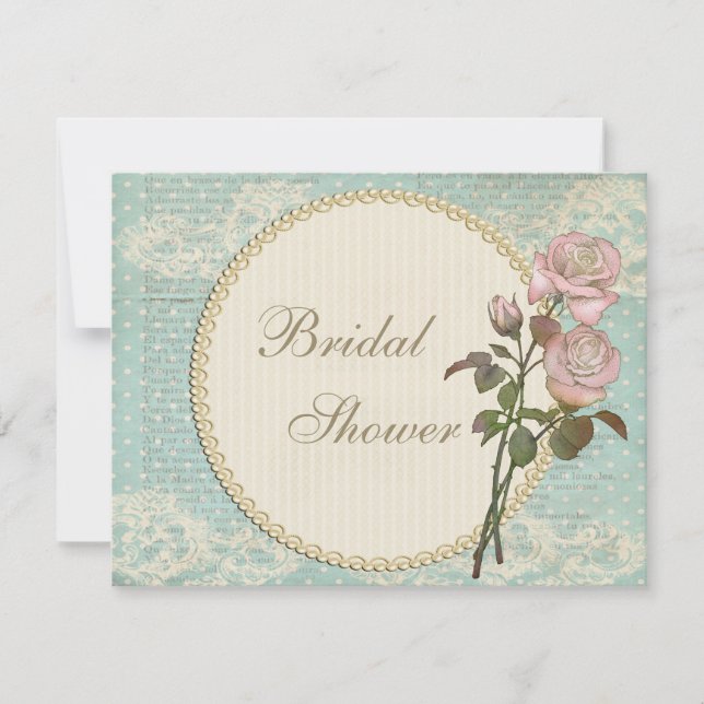 Pearls & Lace Shabby Chic Roses Bridal Shower Invitation (Front)
