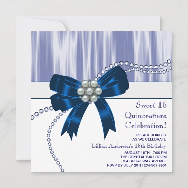 Pearls Navy Blue Quinceanera Invitation (Front)
