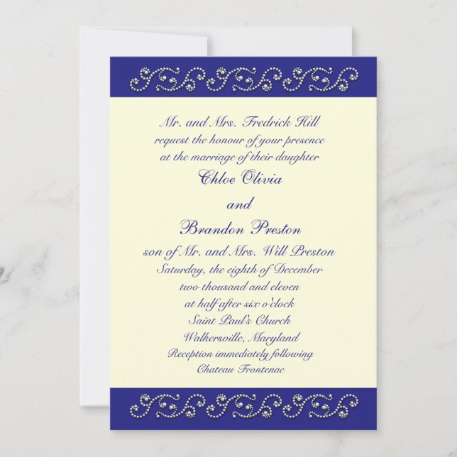 Pearls, Off White Sapphire Blue Wedding Invitation (Front)