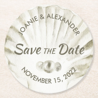 Pearls on White Scallop Shell Save the Date Round Paper Coaster