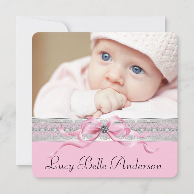 Pearls Pink Baby Girl Birth Announcements (Front)
