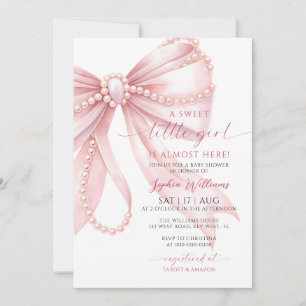 Pearls Pink Bow Sweet Little Girl Baby Shower Invitation