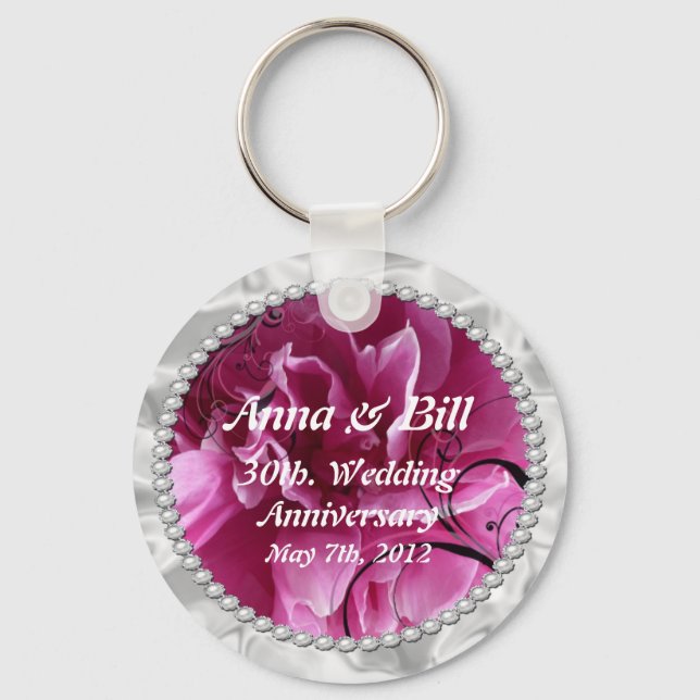 Pearls & Pink Floral Swirls save the date Key chai Key Ring (Front)