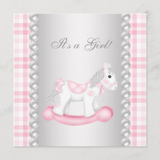 Pearls Pink Gingham Rocking Horse Baby Girl Shower Invitation