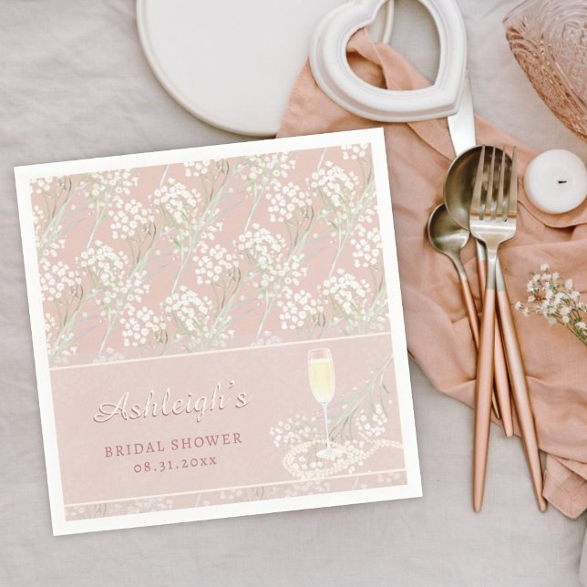 Pearls & Prosecco Babys Breath Blush Bridal Shower Napkin (Creator Uploaded)
