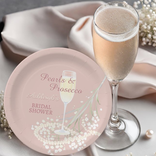 Pearls & Prosecco Babys Breath Blush Bridal Shower Paper Plate (Creator Uploaded)