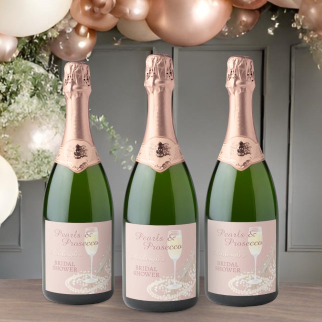 Pearls & Prosecco Babys Breath Blush Bridal Shower Sparkling Wine Label (Creator Uploaded)