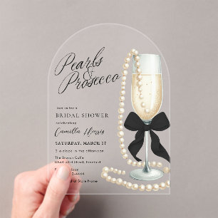Pearls & Prosecco Black Bow Bridal Shower Acrylic Invitations