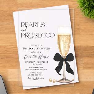 Pearls & Prosecco Black Bow Bridal Shower Acrylic Invitations