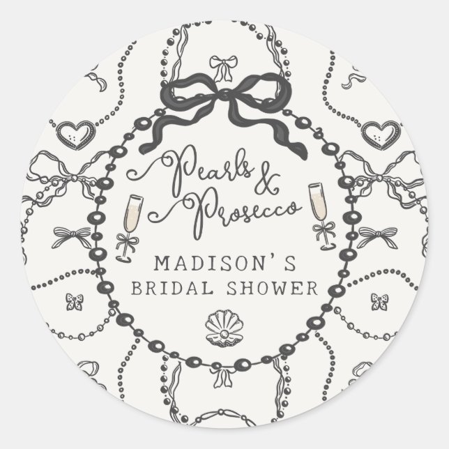 Pearls & Prosecco Black Bow Bridal Shower Favour Classic Round Sticker (Front)