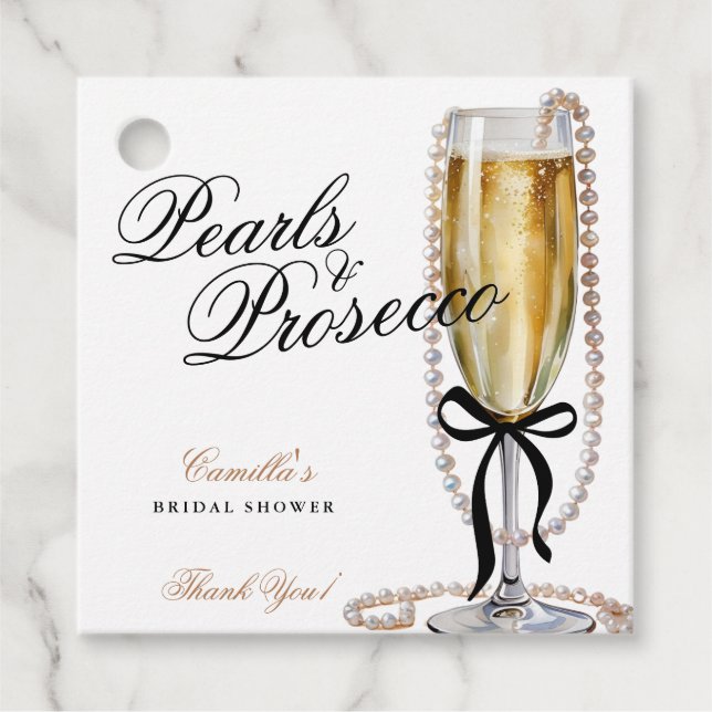 Pearls & Prosecco Black Bow Bridal Shower Favour Tags (Front)