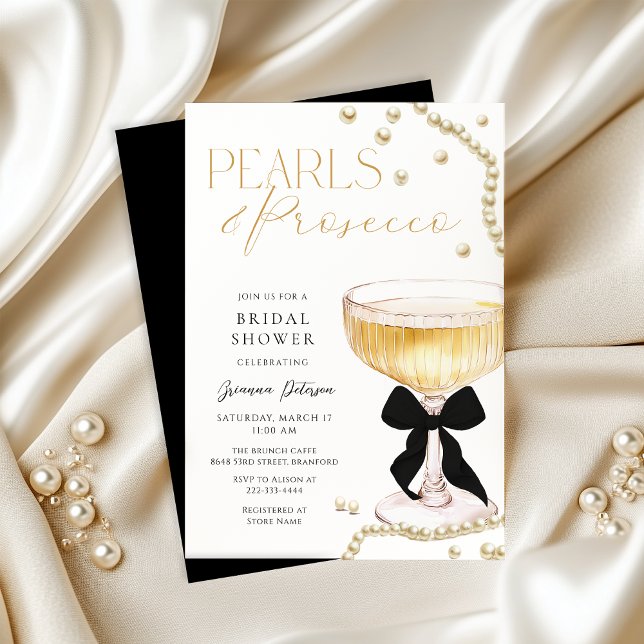 Pearls & Prosecco Black Bow Bridal Shower Invitation (Creator Uploaded)