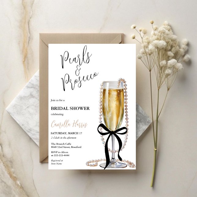 Pearls & Prosecco Black Bow Bridal Shower Invitation (Creator Uploaded)