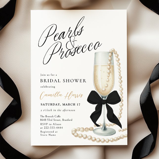 Pearls & Prosecco Black Bow Bridal Shower Invitation (Creator Uploaded)