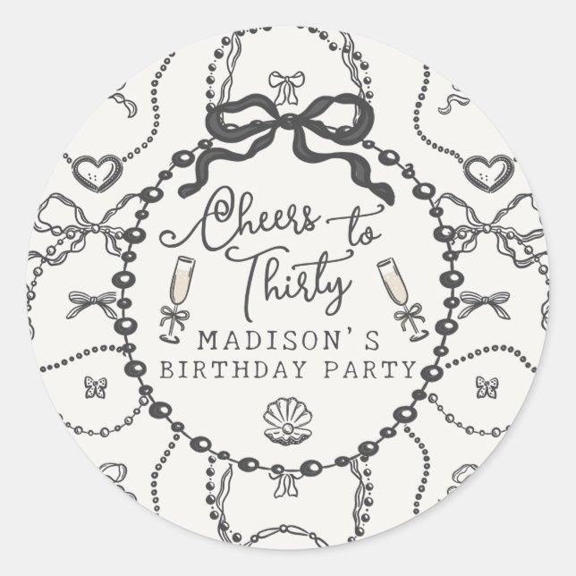 Pearls Prosecco Black Coquette Bow Birthday Favour Classic Round Sticker (Front)