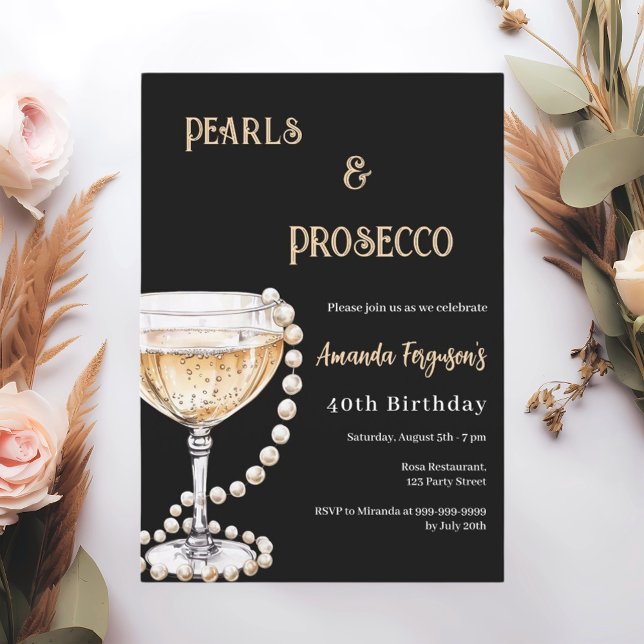 Pearls Prosecco black gold birthday  Invitation (Creator Uploaded)