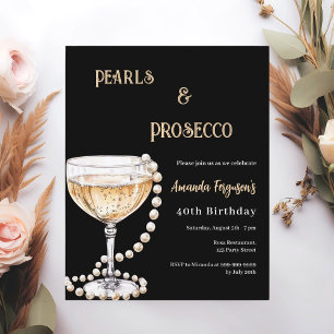 Pearls Prosecco black gold birthday invitation