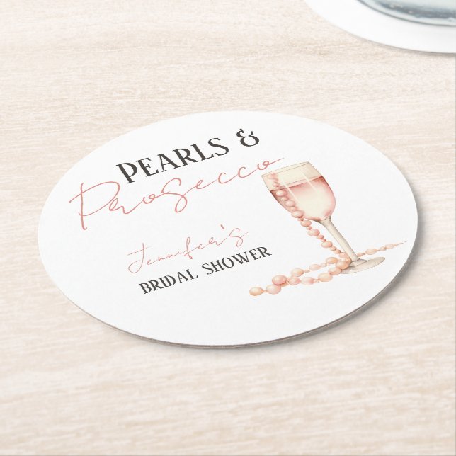 Pearls & Prosecco Blush Pink Bridal Shower Round Paper Coaster (Angled)
