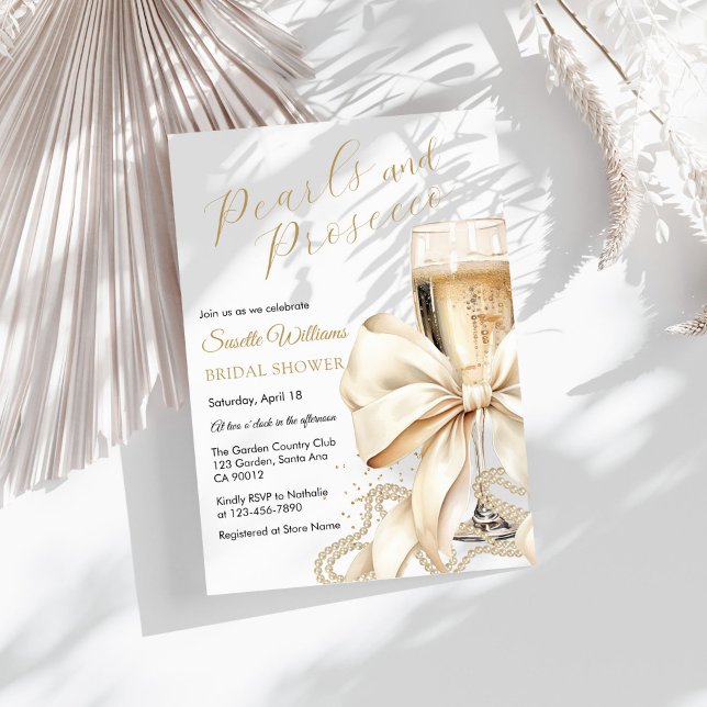 Pearls & Prosecco Bow Bridal Shower Invitation (Prosecco & Pearls Bridal Shower Invitation)