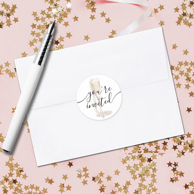 Pearls & Prosecco Bridal Shower Classic Round Sticker (Pearls & Prosecco bridal shower envelope seal stickers)