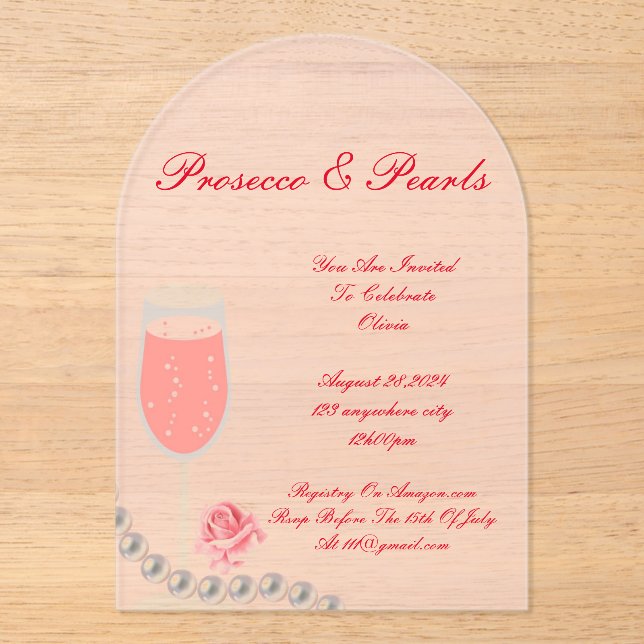 PEARLS & PROSECCO BRIDAL SHOWER PINK  INVITATION (Front)