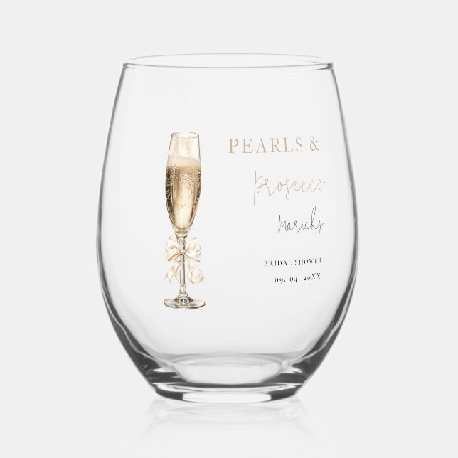 Pearls & Prosecco  Bridal shower Stemless Wine Glass (Front)