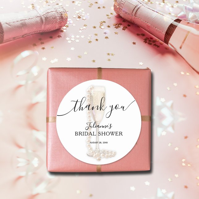Pearls & Prosecco Bridal Shower Thank You Classic Round Sticker (Pearls & Prosecco bridal shower thank you favor stickers)
