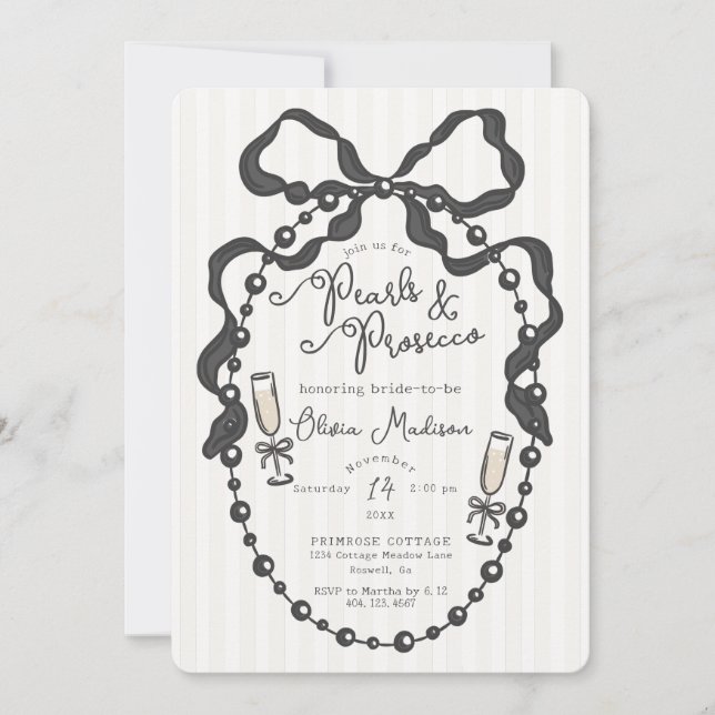 Pearls & Prosecco Coquette Bow Bridal Shower Invit (Front)