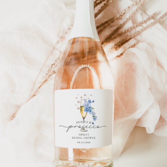 Pearls & Prosecco Dusty Blue Bridal Shower Favour Sparkling Wine Label (Creator Uploaded)
