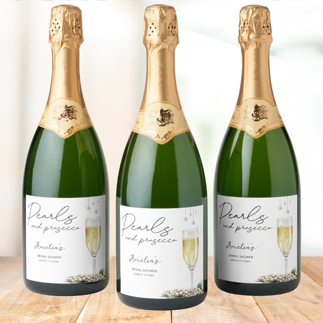 Pearls & Prosecco Elegant Bridal Shower Favour Sparkling Wine Label (Creator Uploaded)