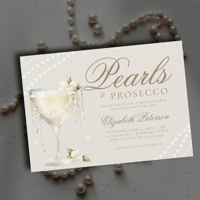 Pearls Prosecco Elegant Ecru Brunch Bridal Shower Invitation (pearls and prosecco bridal brunch invitation champagne bubbly ivory ecru elegant modern classic)