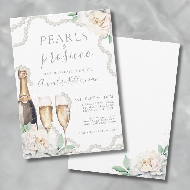 Pearls & Prosecco Floral Bridal Shower Invitation (Pearls & Prosecco Floral Bridal Shower Invitation)