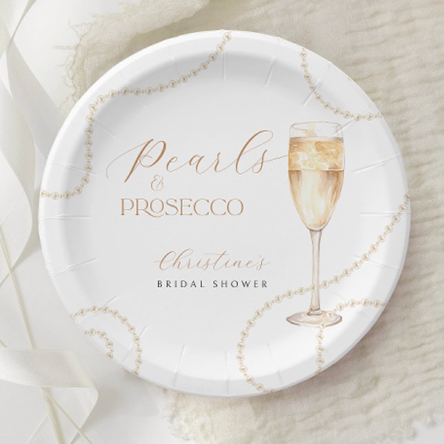 Pearls & Prosecco Gold Bridal Shower Paper Plates (Creator Uploaded)