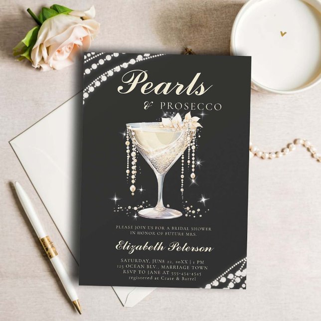 Pearls Prosecco Ivory Black Elegant Bridal Shower Invitation (pearls prosecco bridal shower invitation brunch template card champagne watercolor ivory black)