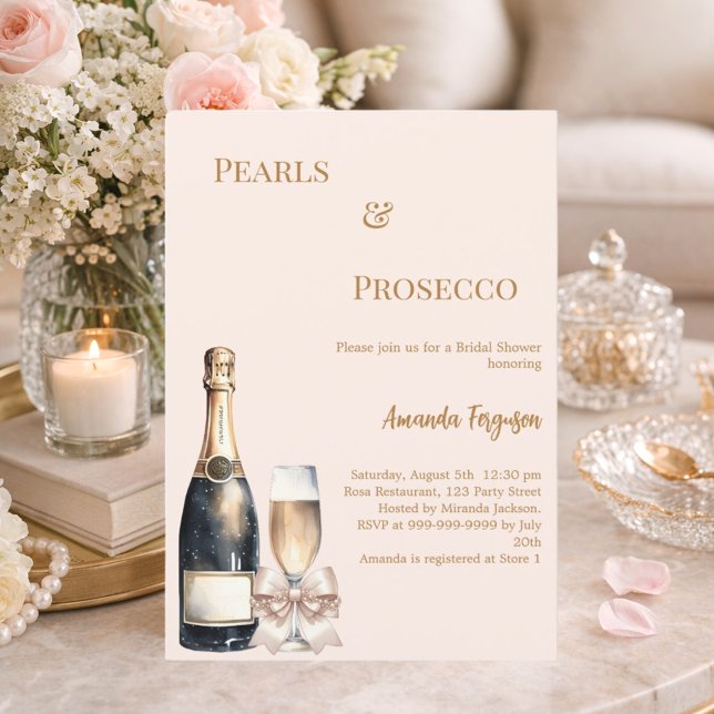 Pearls Prosecco ivory blush bow Bridal Shower Invitation (Creator Uploaded)