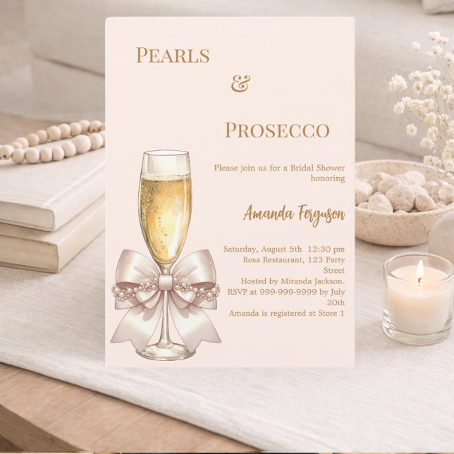 Pearls Prosecco ivory blush bow Bridal Shower Invitation (Creator Uploaded)