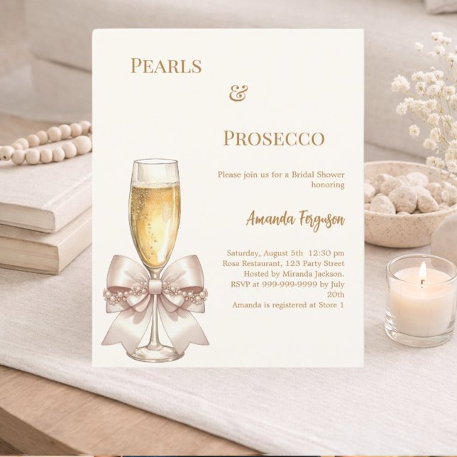 Pearls Prosecco ivory bow Bridal Shower invitation (Creator Uploaded)