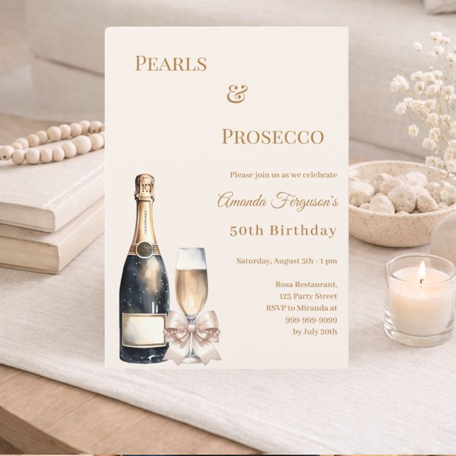 Pearls Prosecco ivory bow elegant birthday  Invitation (Creator Uploaded)