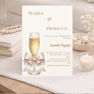Pearls Prosecco ivory golden bow Bridal Shower Invitation
